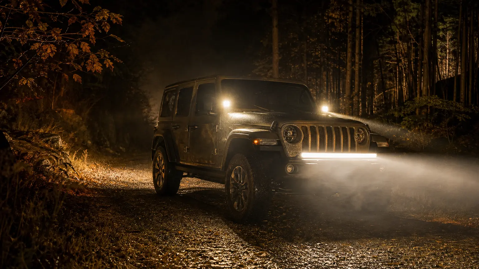 Jeep Wrangler with a light bar and ditch lights on a foggy wooded road at night