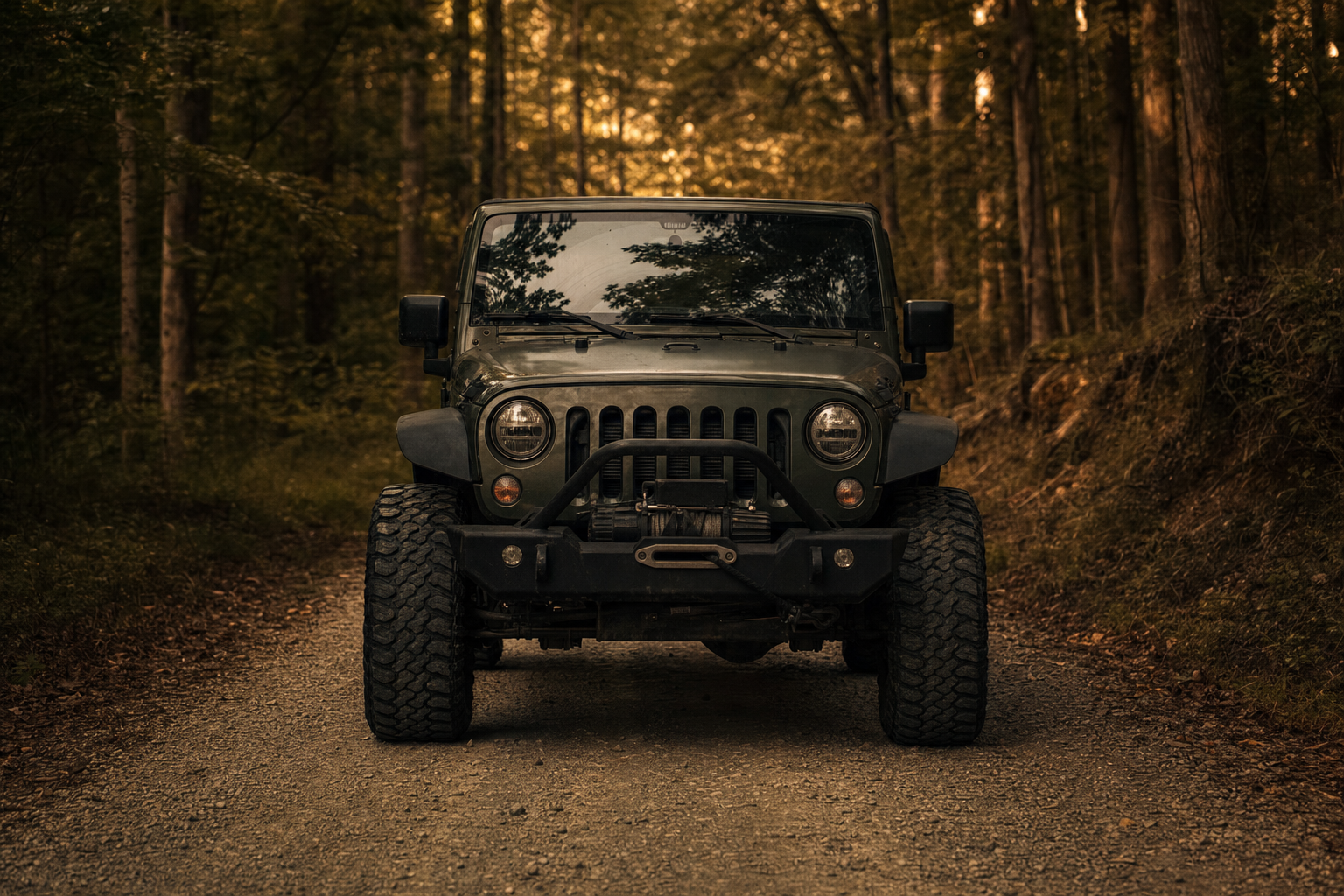 Jeep Wrangler with a steel winch bumper and winch installed