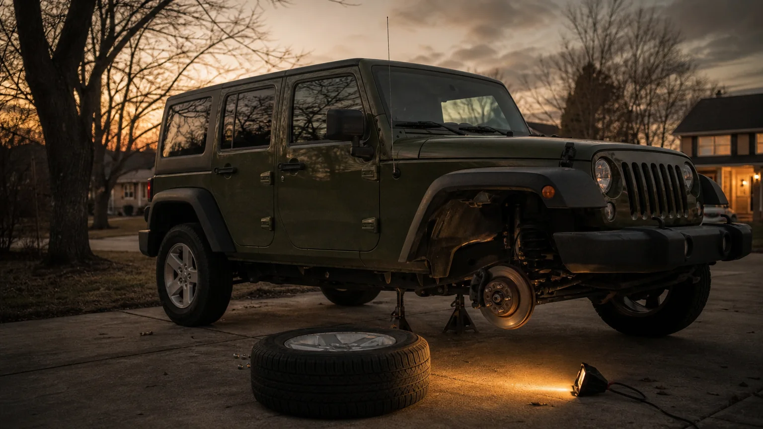 Jeep Wrangler in a driveway with a front wheel off for a mobile brake job