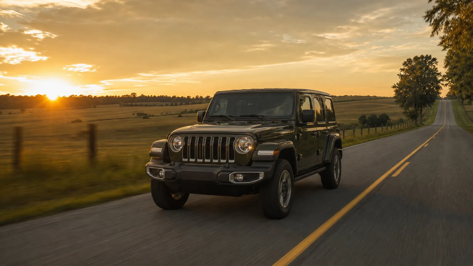 Jeep Wrangler driving straight on a Kentucky two-lane road