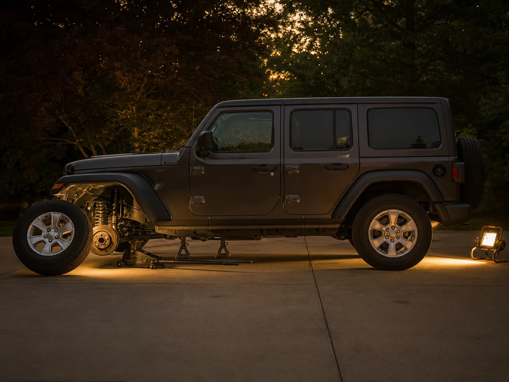 Jeep Wrangler on jack stands in a driveway in the evening, ready for front suspension work