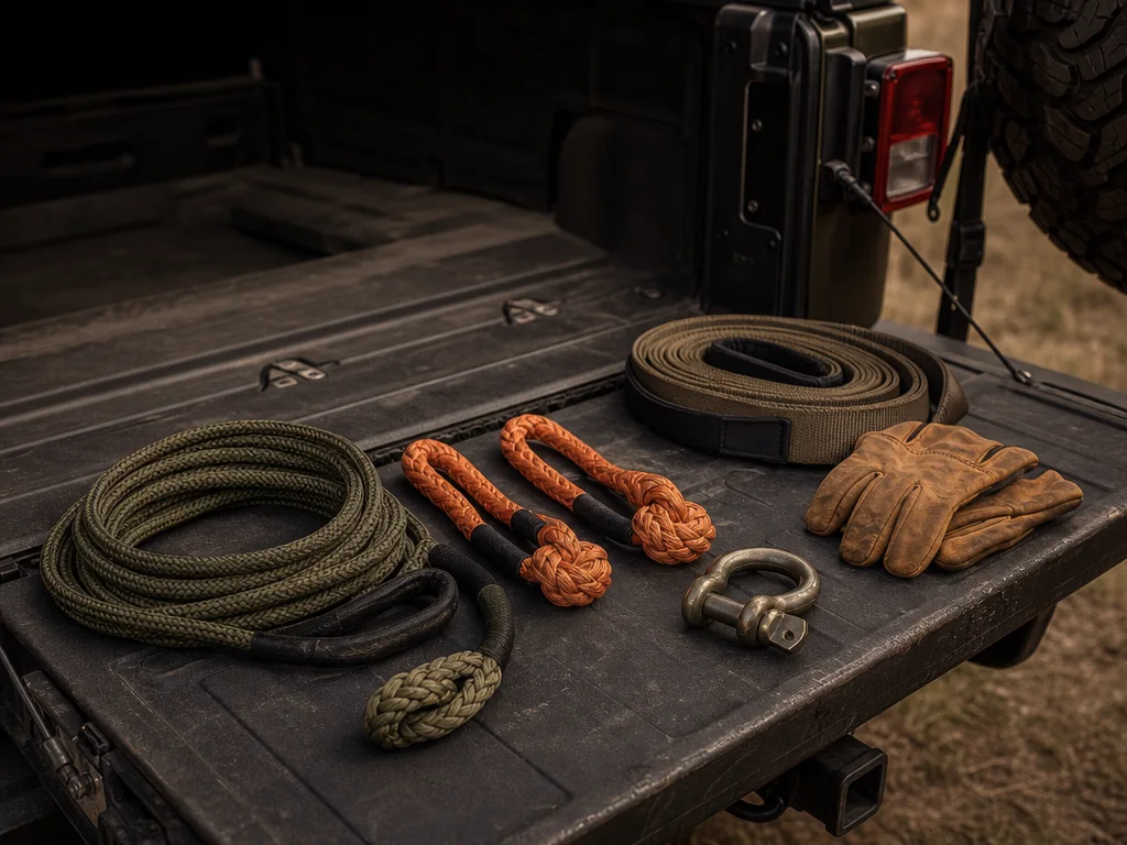 Kinetic recovery rope, soft shackles, a bow shackle and a tree saver strap on a Jeep tailgate