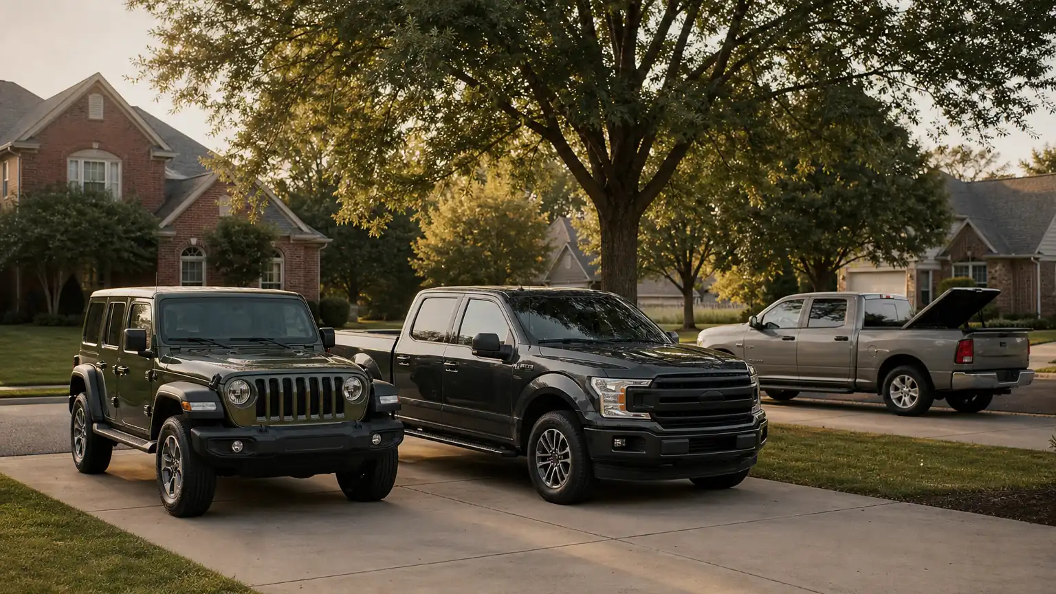 Mobile mechanic's service truck at a Louisville driveway next to a Jeep and a pickup
