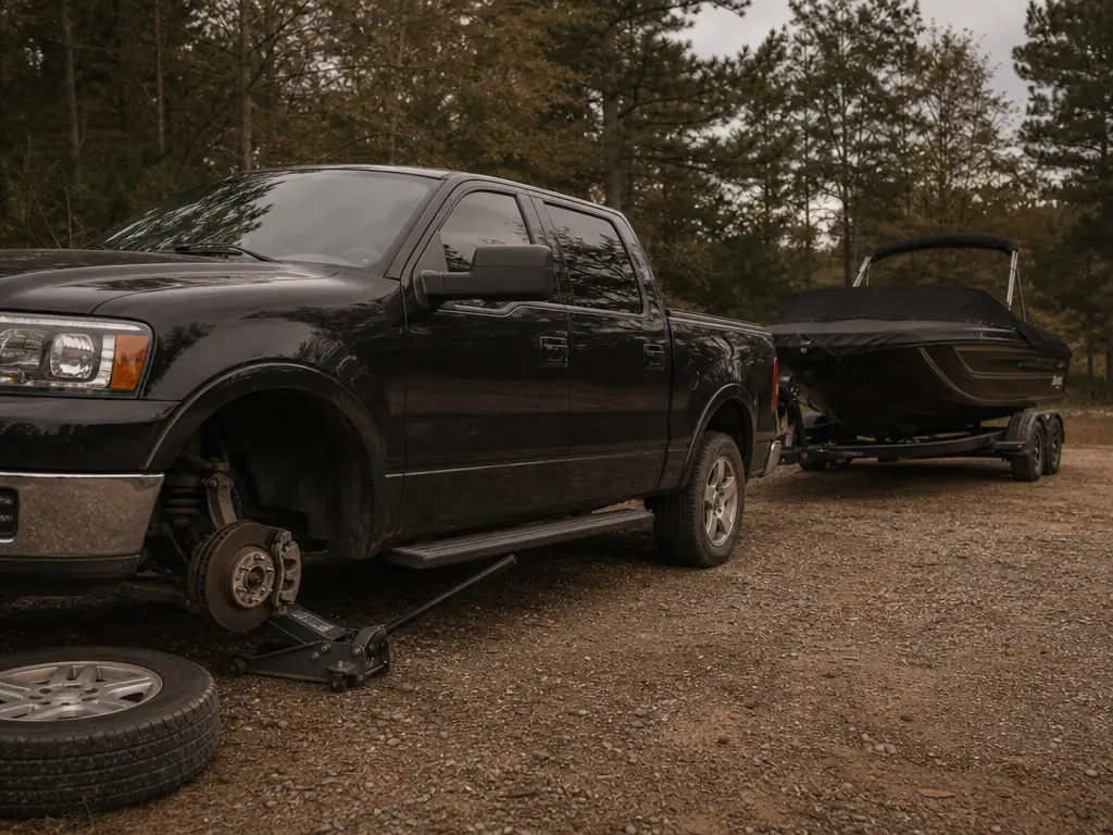 Brake work on a pickup that tows a boat, in a rural driveway