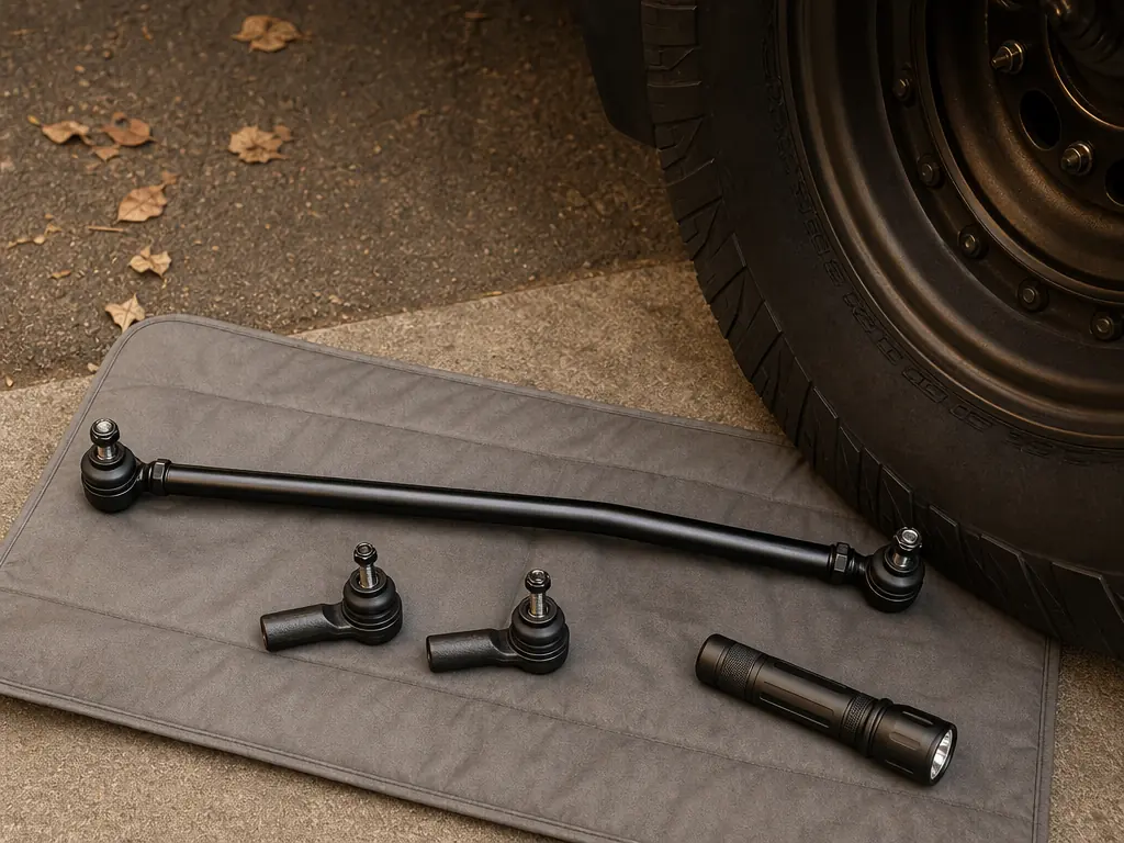 New Jeep drag link and tie rod ends laid out beside a flashlight