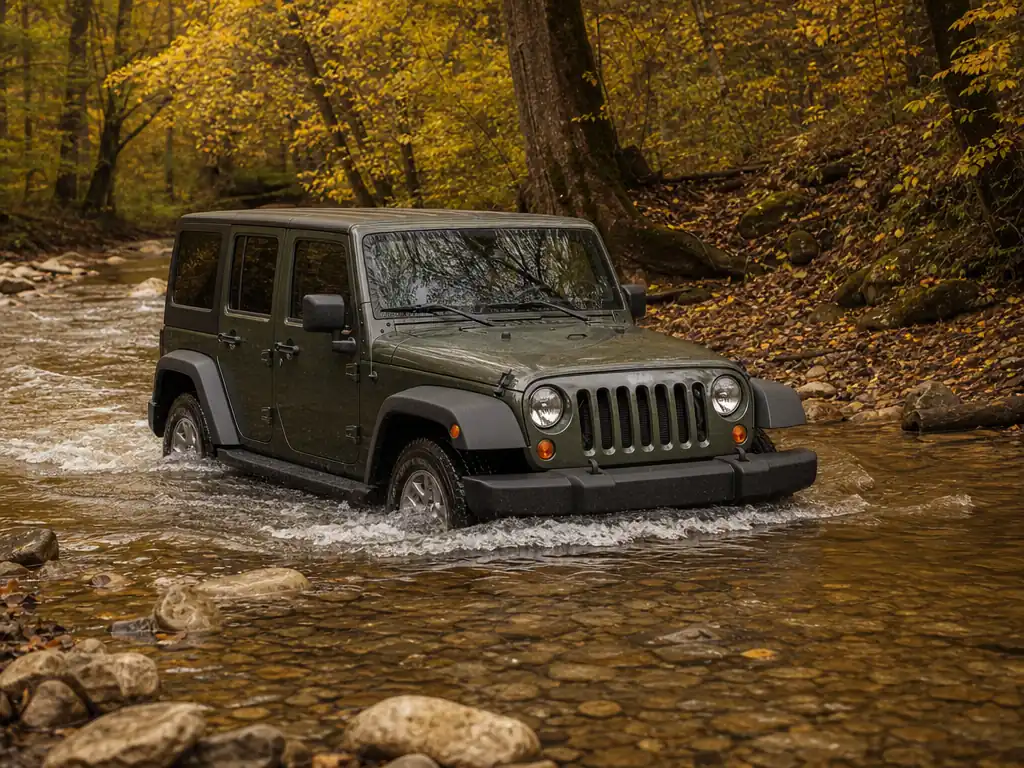 Jeep Wrangler crossing a shallow rocky creek slowly