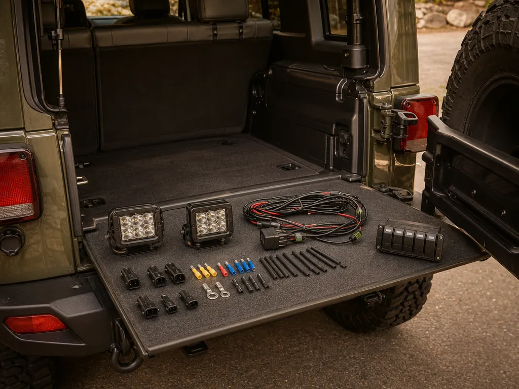 LED pods and a wiring harness laid out on a Jeep tailgate