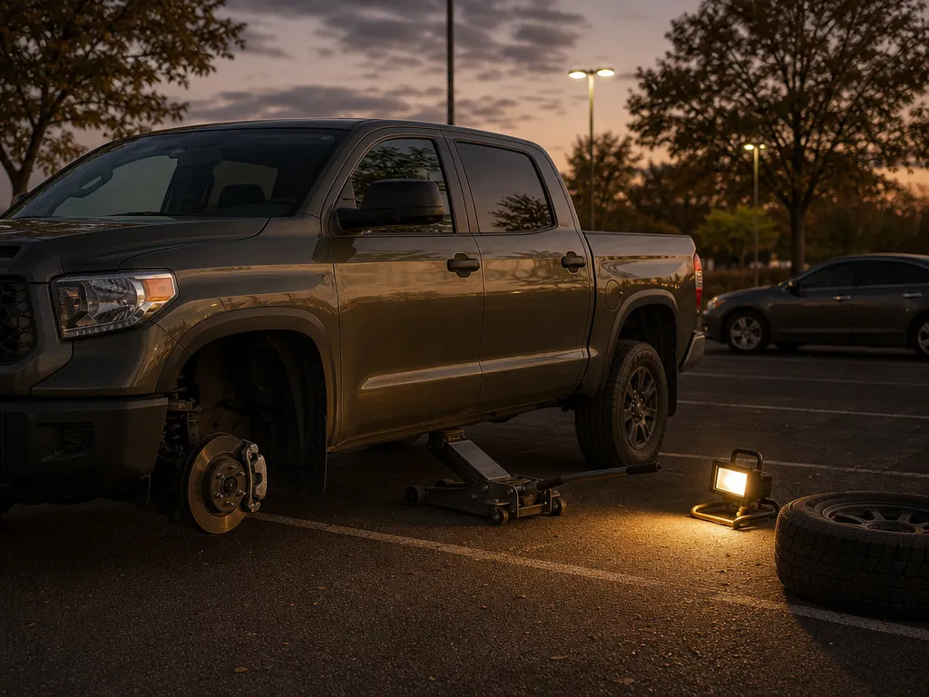 Brake job on a pickup in a business-park parking lot in the evening