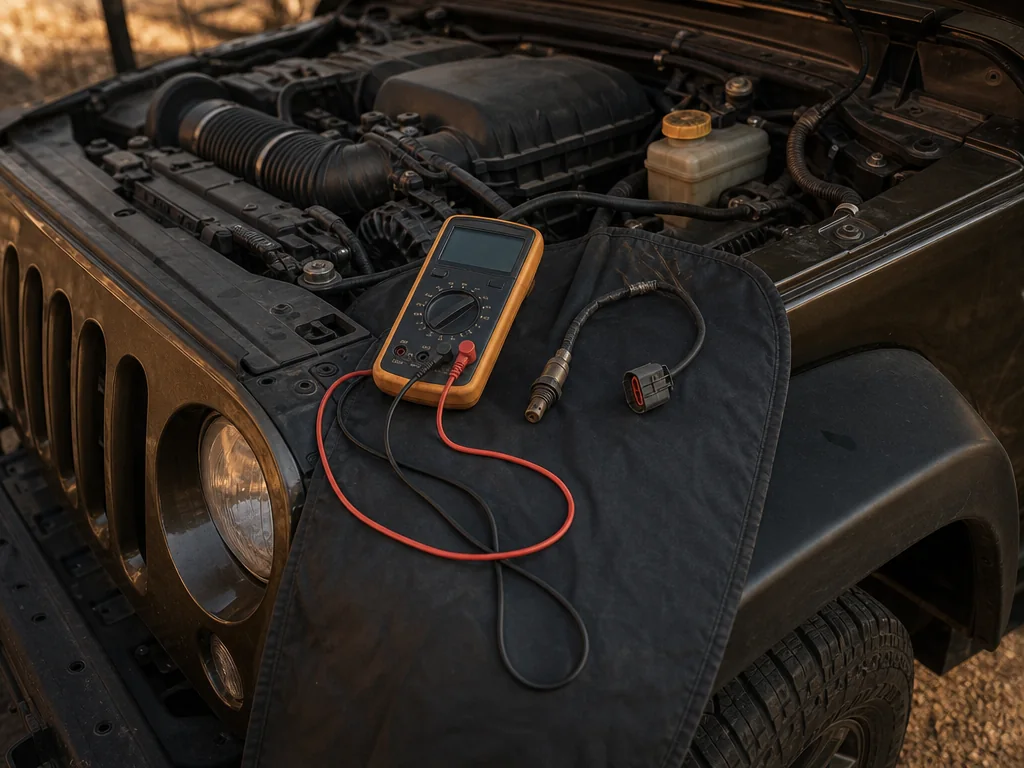 Multimeter and sensor connector in a Jeep engine bay
