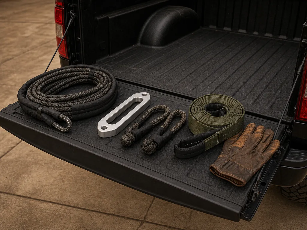 Winch recovery gear laid out on a tailgate