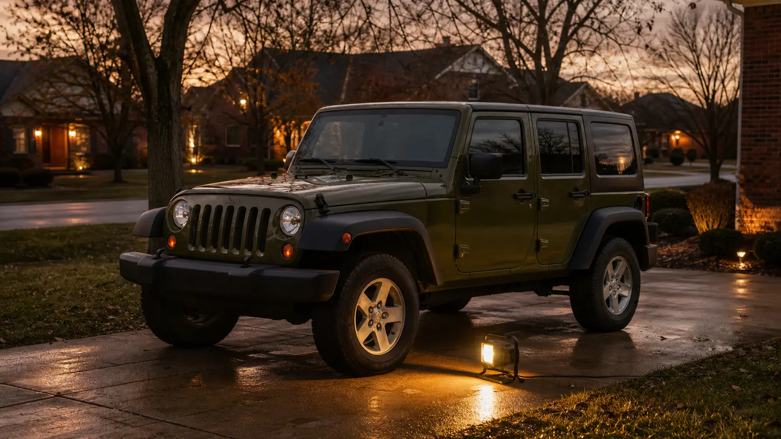 Jeep Wrangler in a Louisville driveway, ready for a death wobble inspection