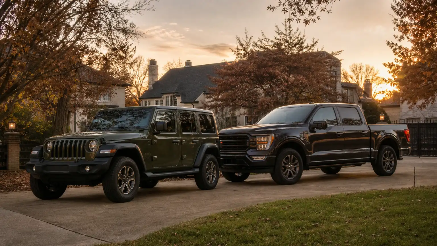 Lifted Jeep Wrangler and a leveled pickup in a Louisville driveway
