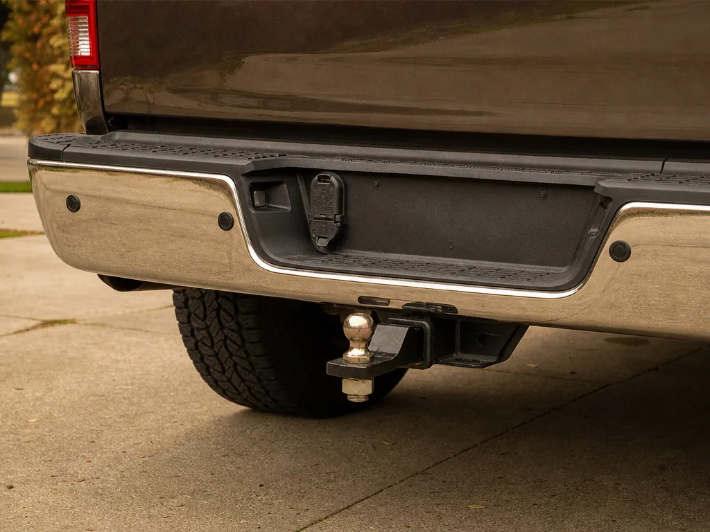 Receiver hitch and 7-pin trailer plug on a Ram 1500