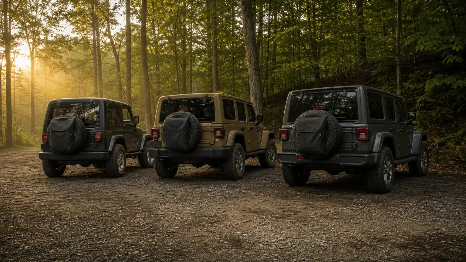 Jeep Wranglers staged at a wooded Kentucky trailhead before a trail run