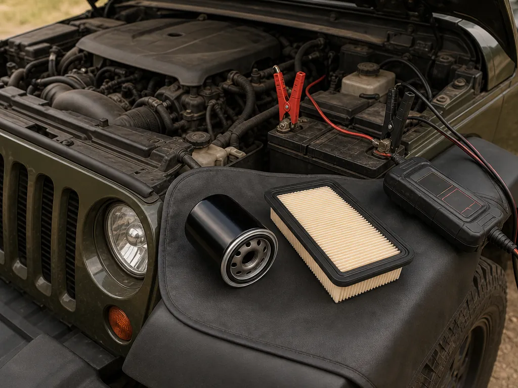 Oil filter, battery tester and air filter during a mobile maintenance visit