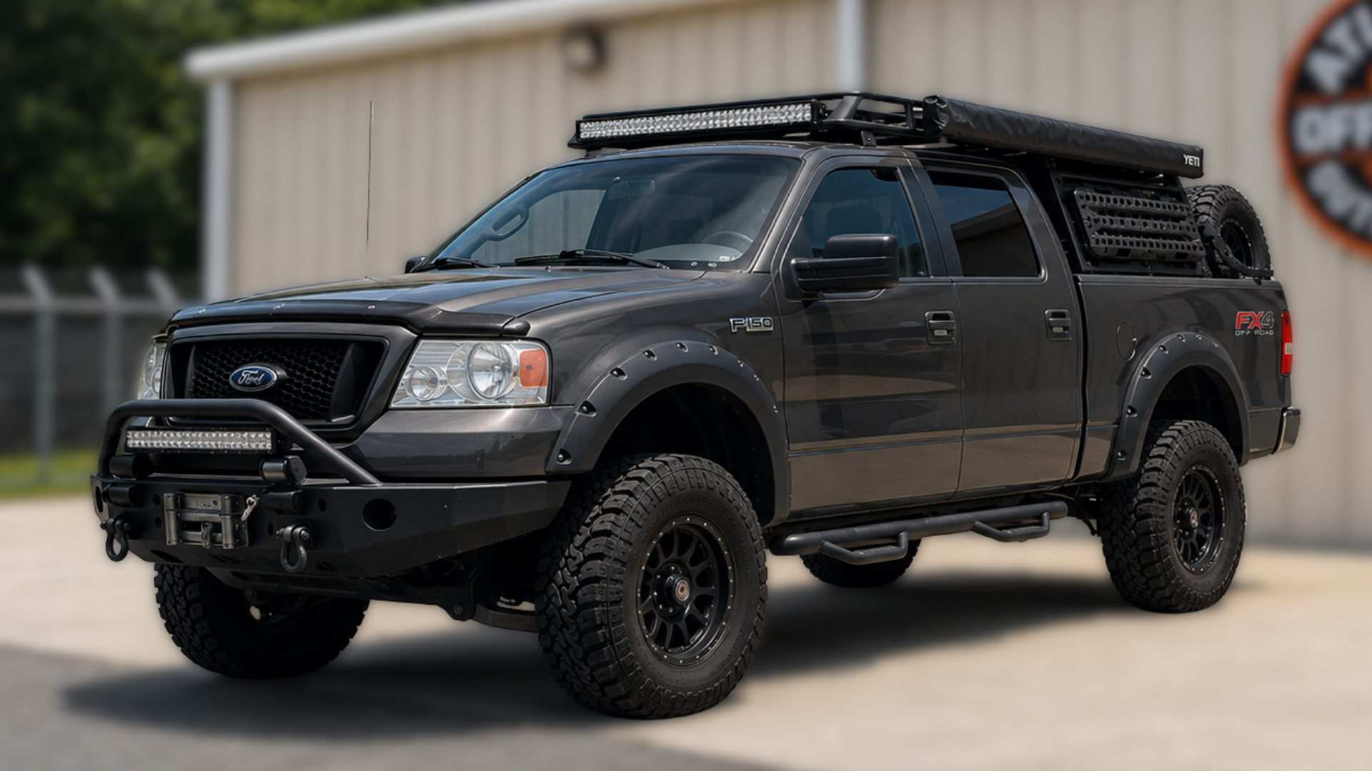 Ford F-150 off-road build with roof rack, lighting, bumper and all-terrain tires at Atlanta Off-Road Outfitters