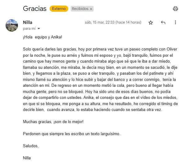 Email de Nilla: por primera vez dio un paseo completo de noche con Oliver, que no se bloqueó con el patinete ni con la gente