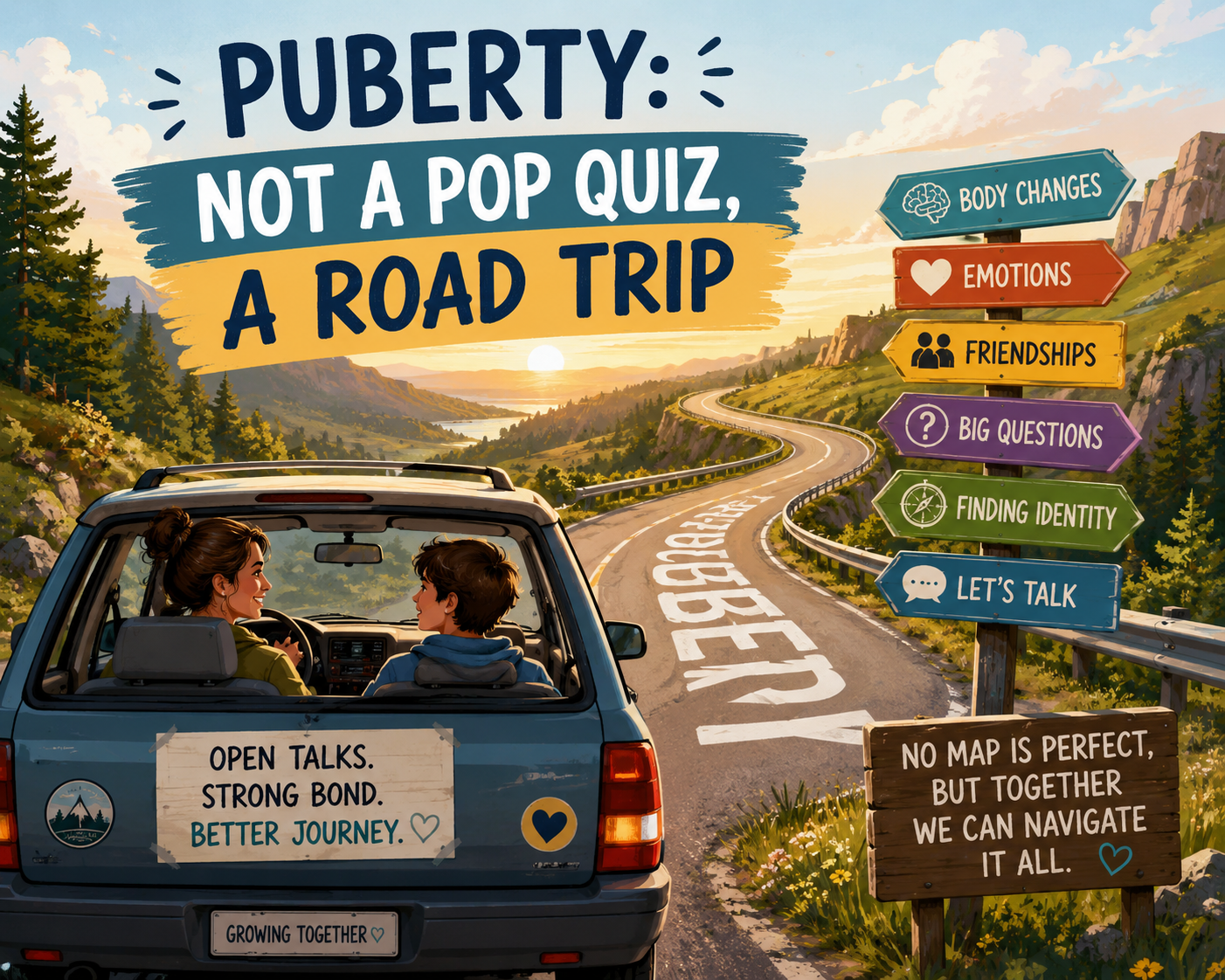 Parent and child driving on a winding road labeled puberty, representing growing up and open communication. Parent and child driving on a winding road labeled puberty, representing growing up and open communication.