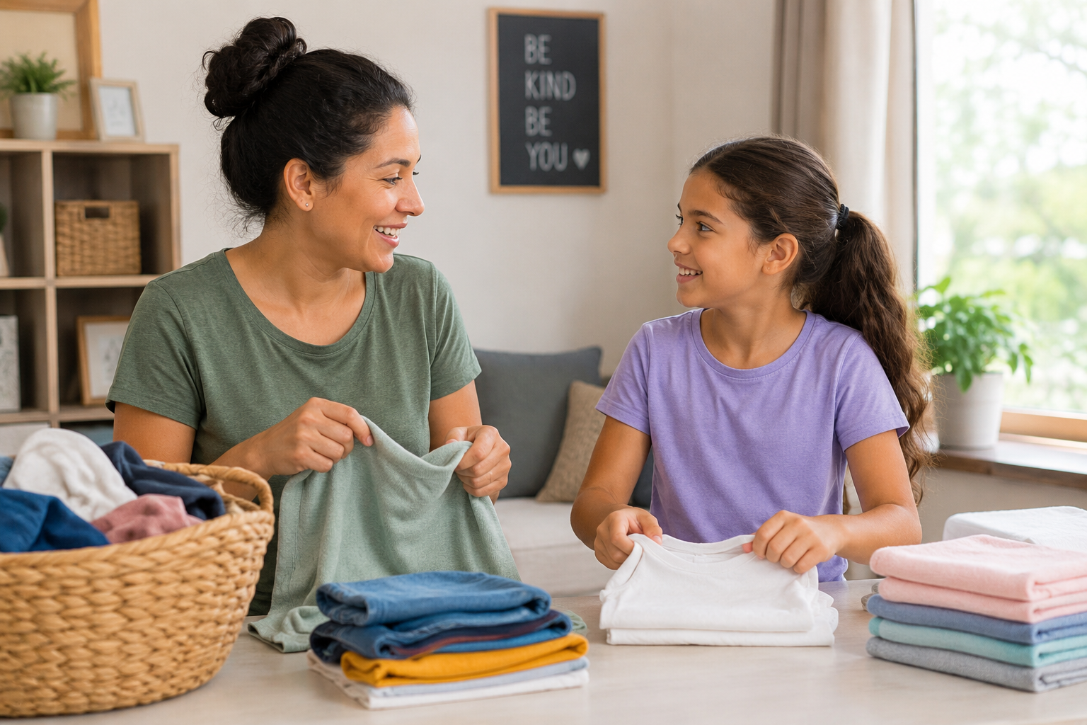 Parent and child folding laundry together while having a relaxed conversation. Parent and child folding laundry together while having a relaxed conversation.