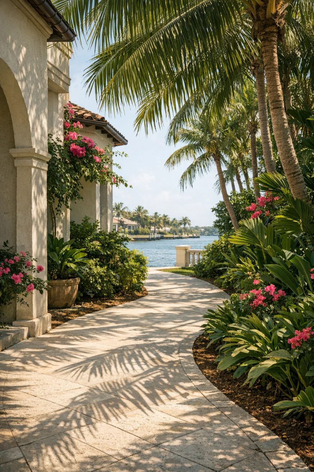 Palm-lined walkway beside the water