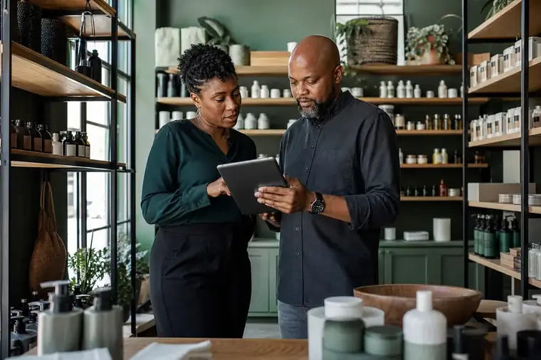 Retail owners reviewing inventory
