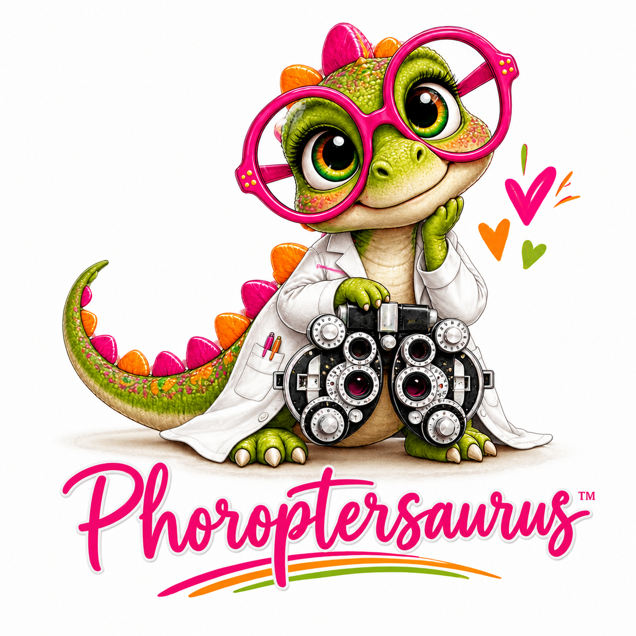 Phoroptersaurus, a little green dinosaur in a lab coat holding a phoropter