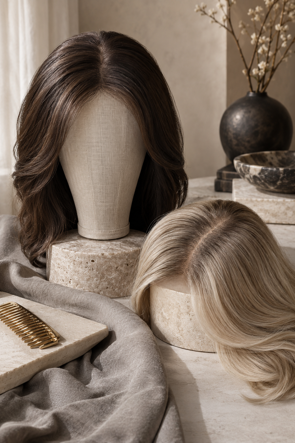 Editorial presentation of luxury hair toppers on a soft ivory stone surface
