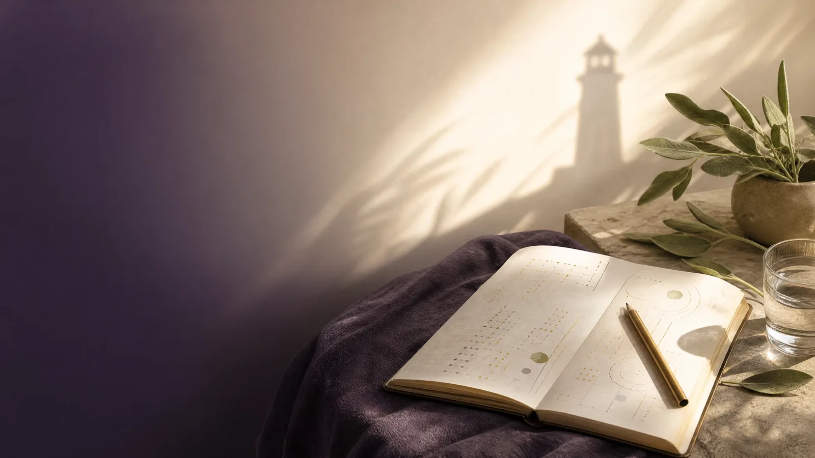 Jurnal de autocunoaștere deschis pe o masă, în lumină caldă