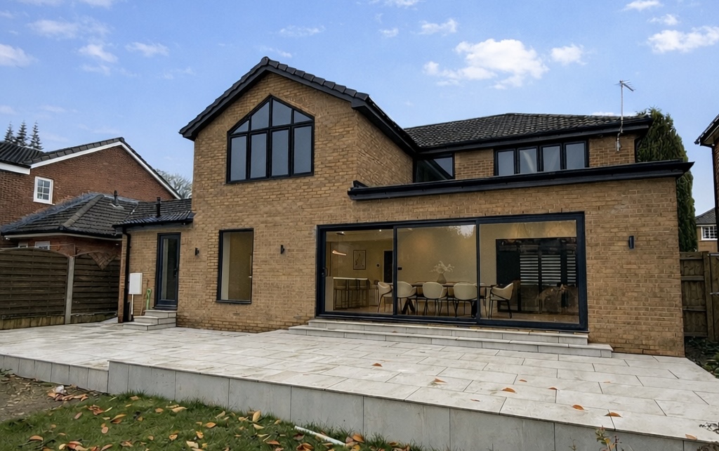 Side and rear double extension completed in Rochdale featuring large black aluminium sliding doors, modern brickwork and contemporary open plan living design. Side and rear double extension completed in Rochdale featuring large black aluminium sliding doors, modern brickwork and contemporary open plan living design.