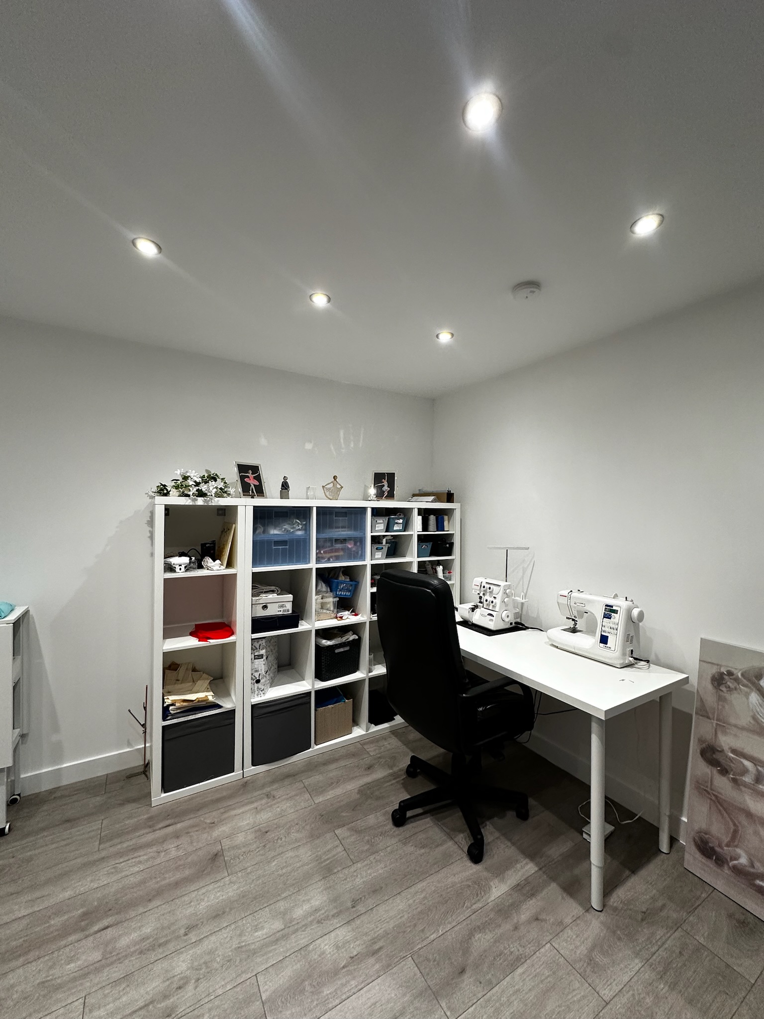 Single brick garage converted into a sewing room and home business workspace in Wigan.