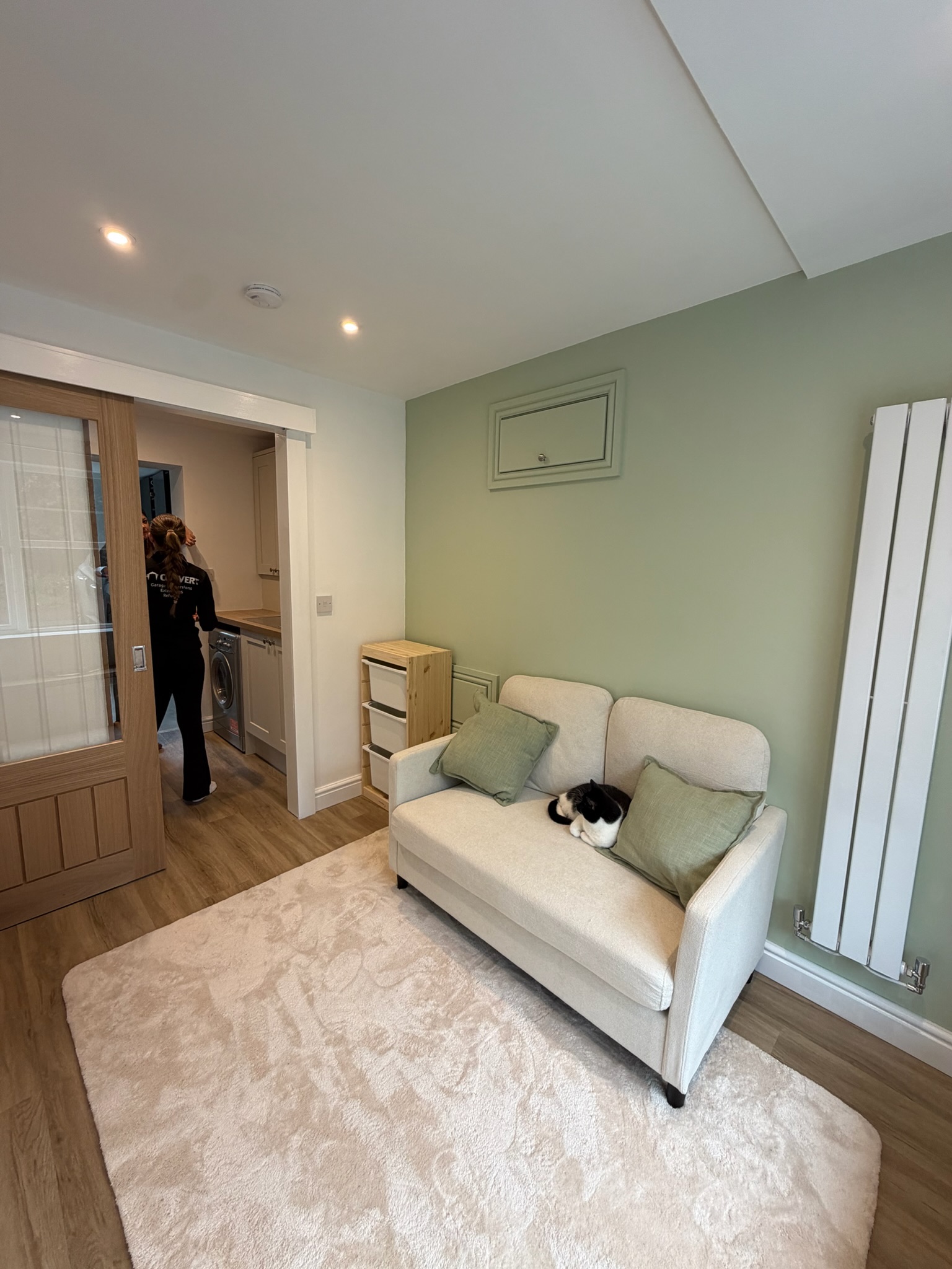 Single garage conversion in Darwen transformed into an additional room and utility area with lighting, heating and electrical provision for appliances. Single garage conversion in Darwen transformed into an additional room and utility area with lighting, heating and electrical provision for appliances.