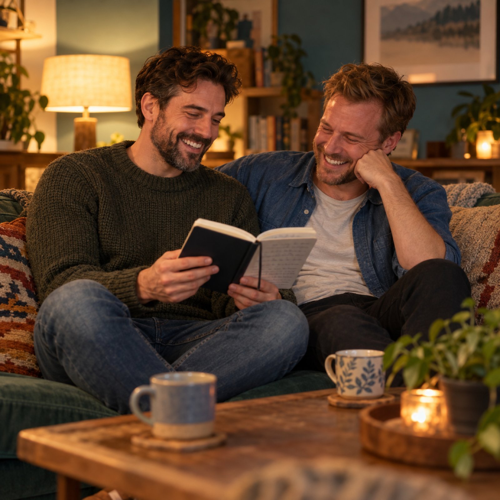 Couple laughing together on a couch over a notebook