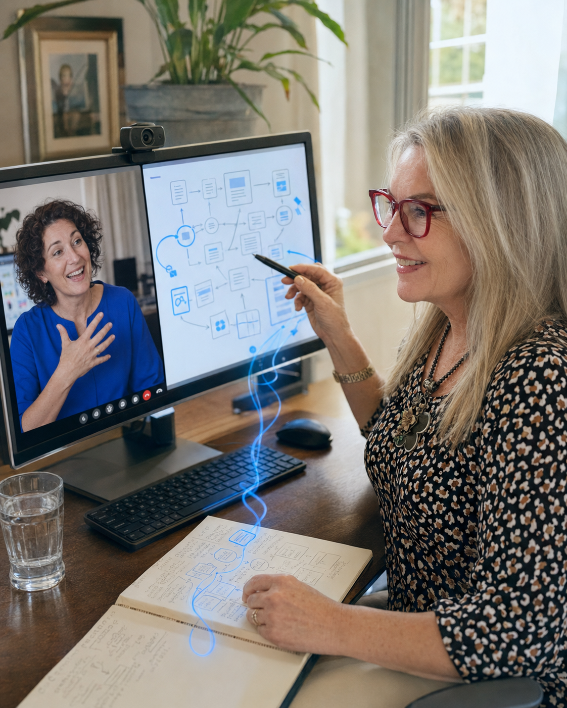 Michelle Hill running the AI Accelerator Workshop with a client over video call