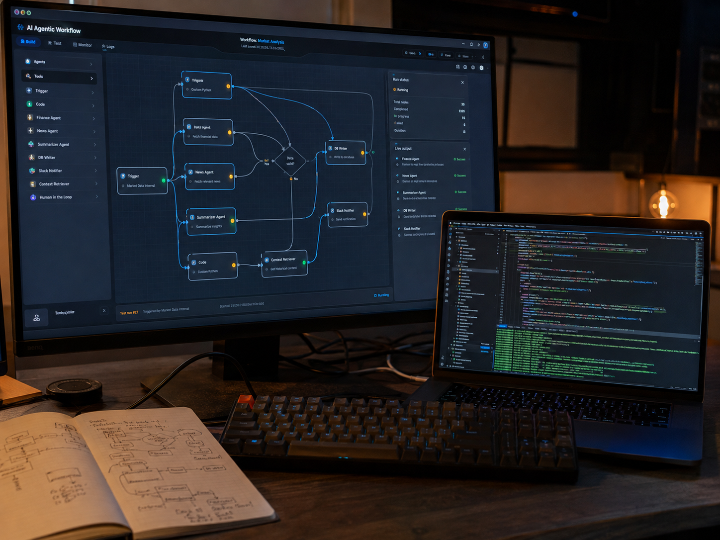 An AI agentic workflow builder mid-run, showing connected agent, decision, and integration nodes with a live execution log