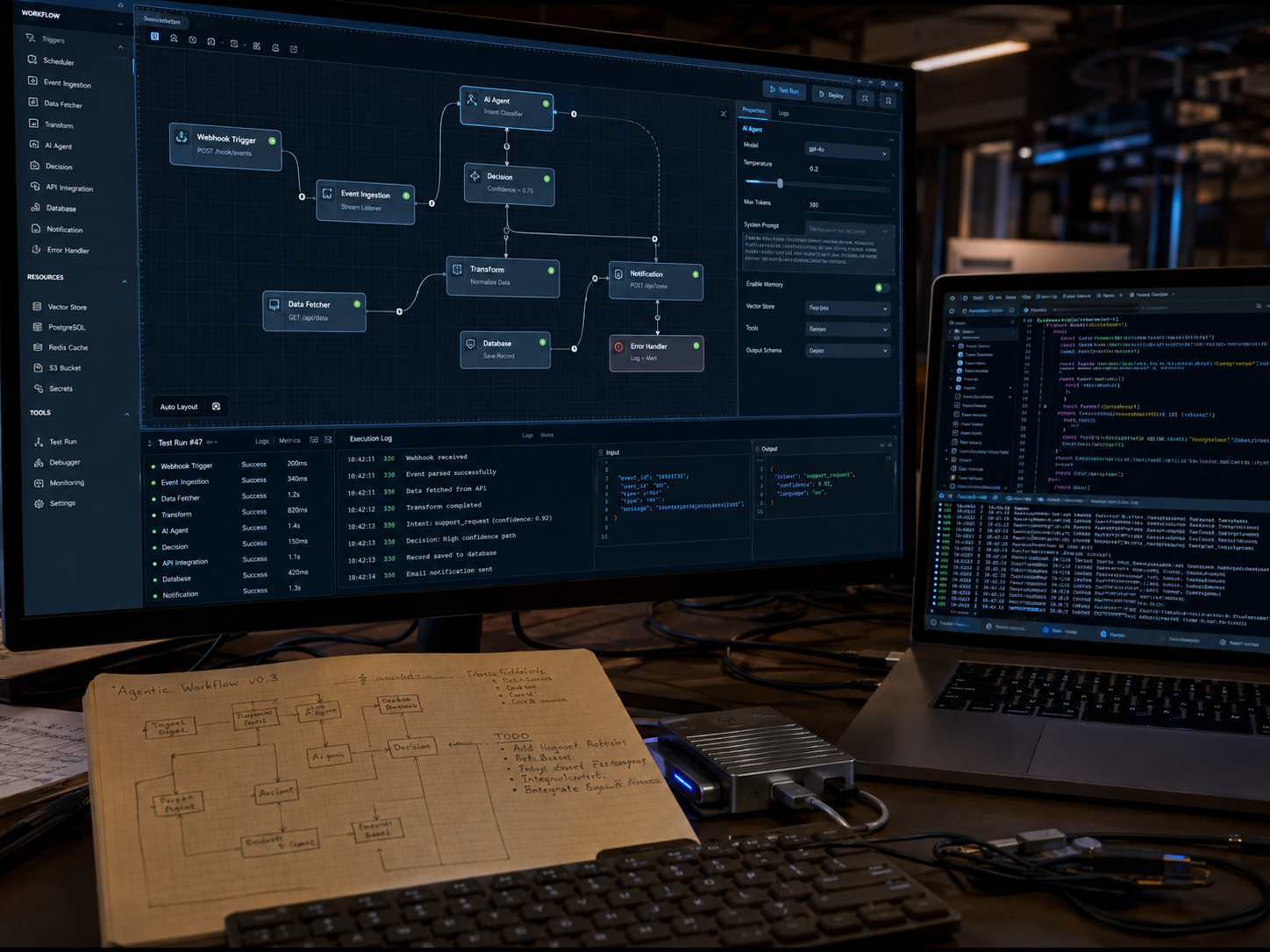 An AI agentic workflow builder open on screen, alongside a laptop with code and a hand-sketched workflow diagram in a notebook