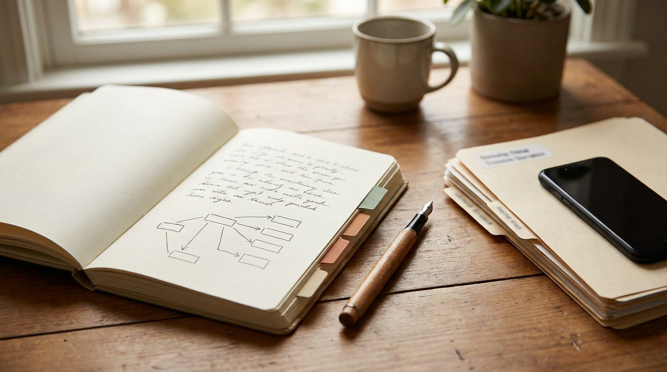 A notebook with a product sketch on a warm wooden desk