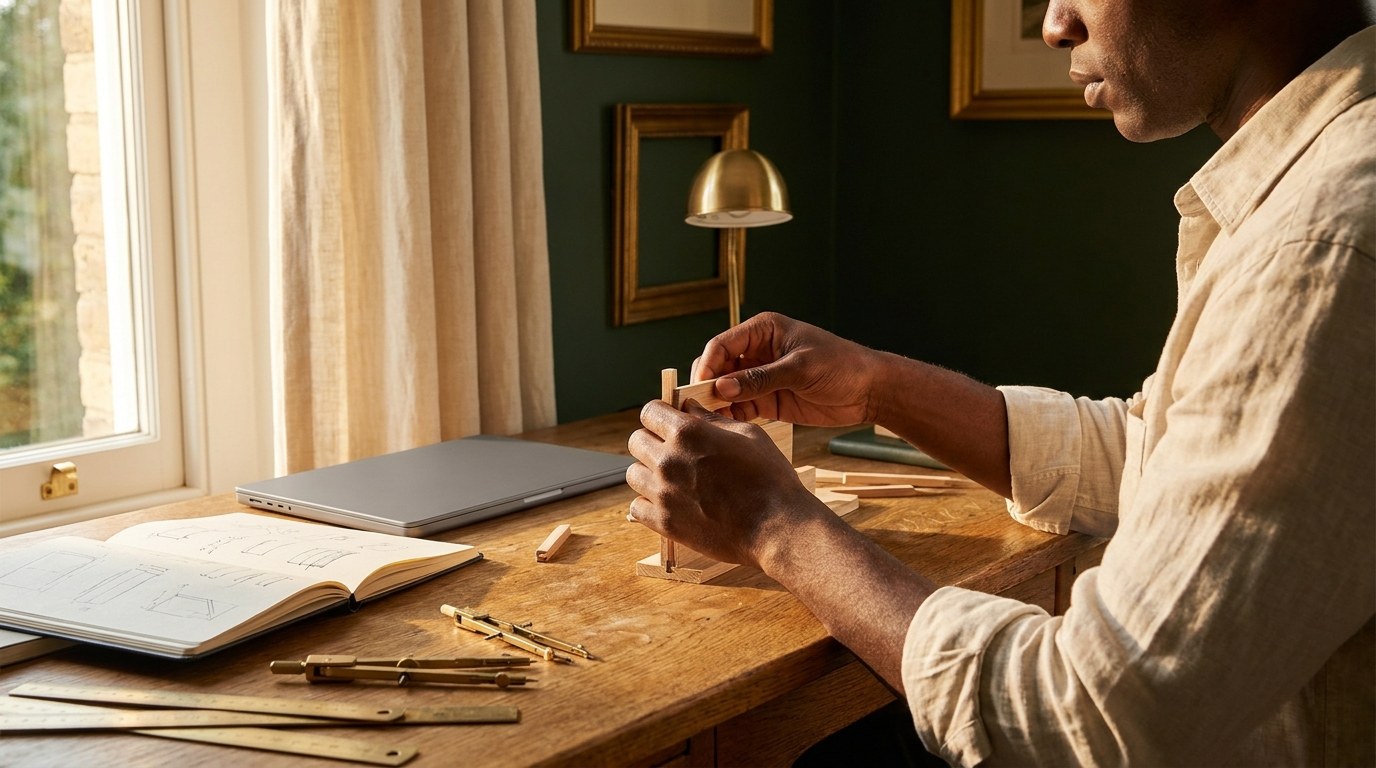 A maker's desk at golden hour — notebook sketches, tools, and a prototype in progress