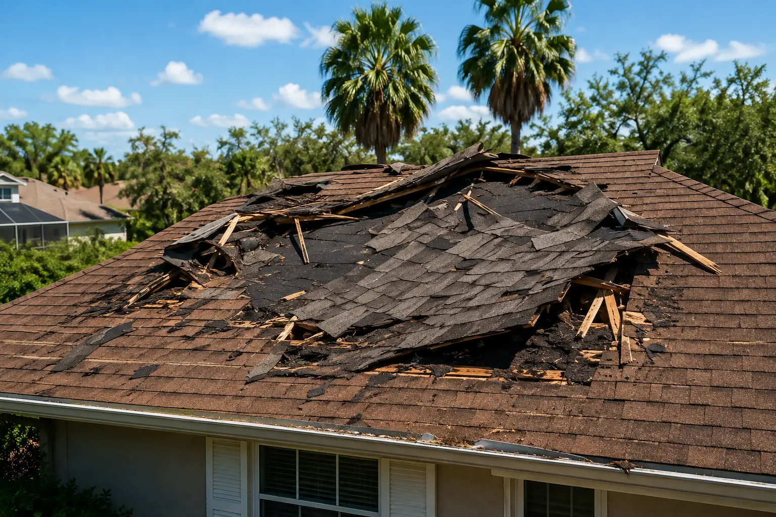 Storm damaged residential roof with fallen tree