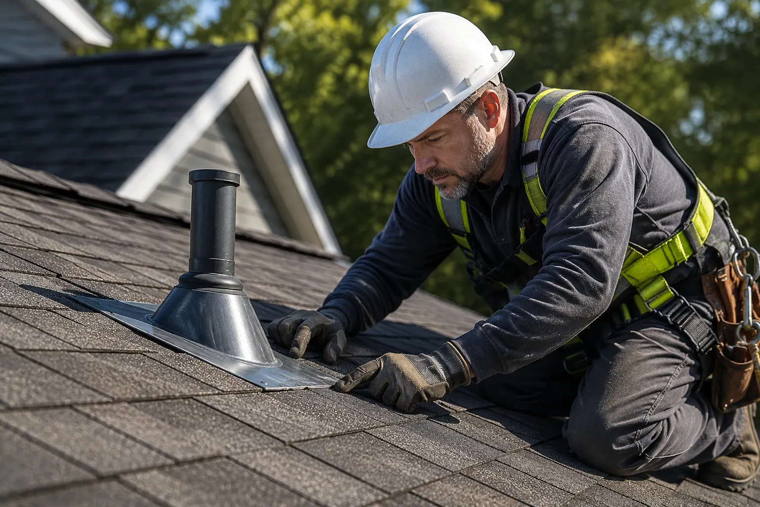 Damaged and missing roof shingles on a residential home