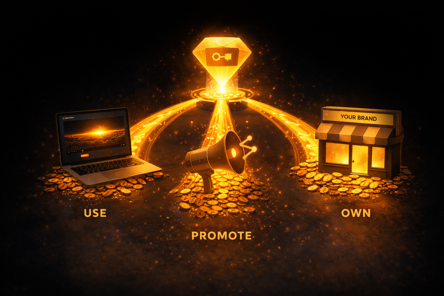 Three income streams: Use apps, Promote as affiliate, Own with white-label