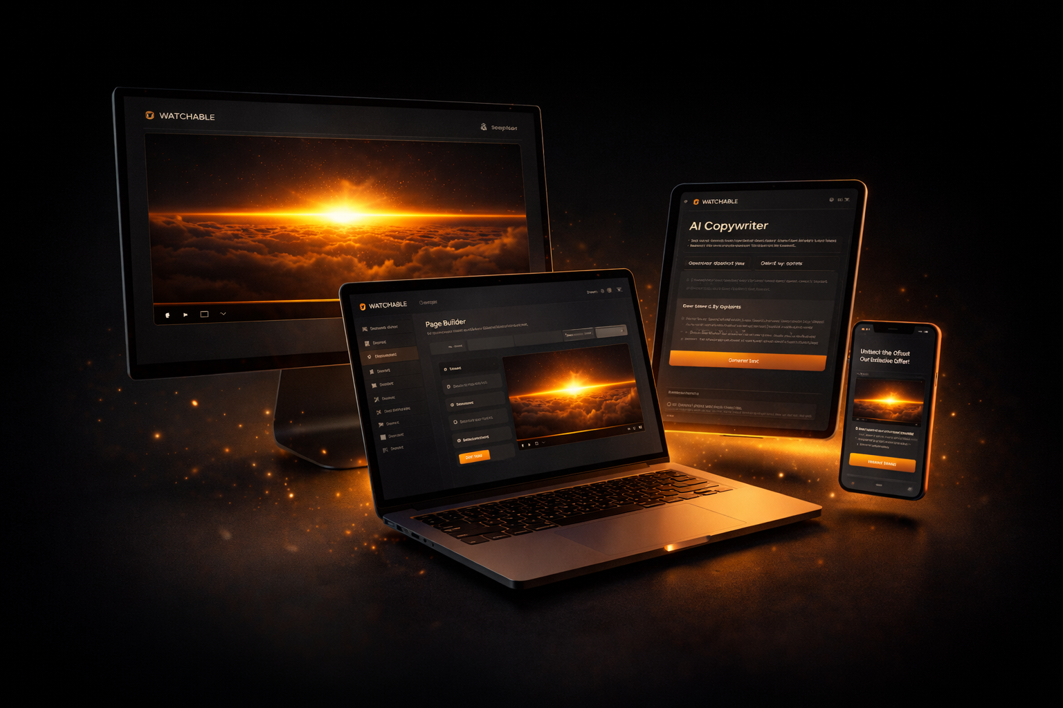 Watchable complete app showing video player, page builder, and AI copywriter