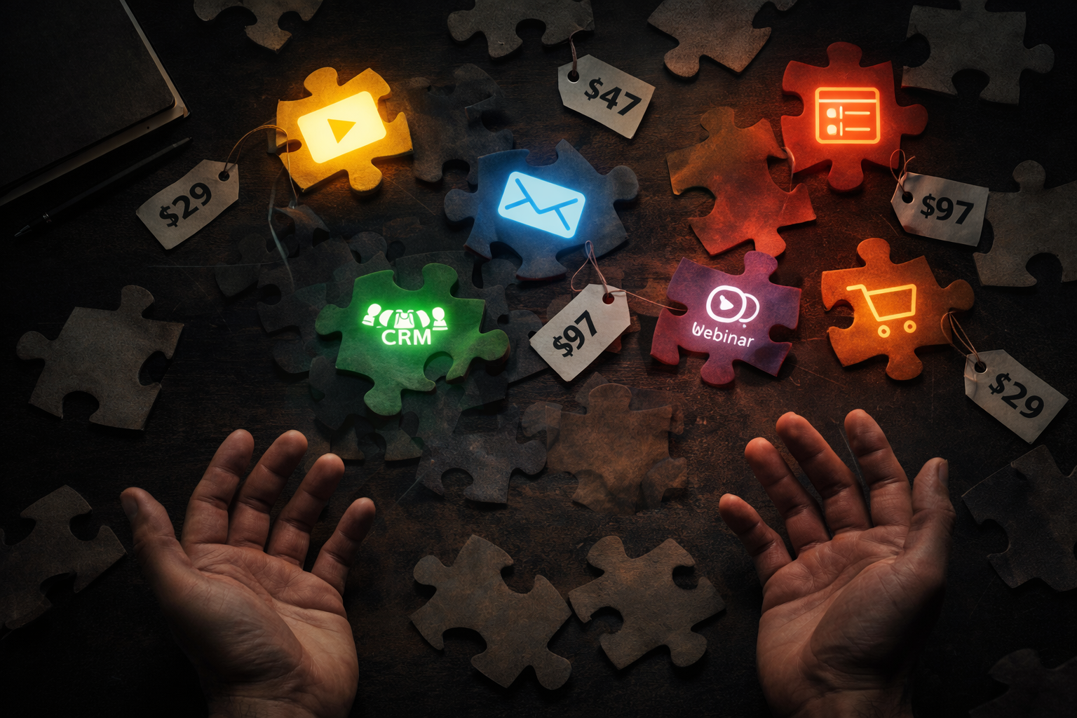 Scattered puzzle pieces representing disconnected software subscriptions