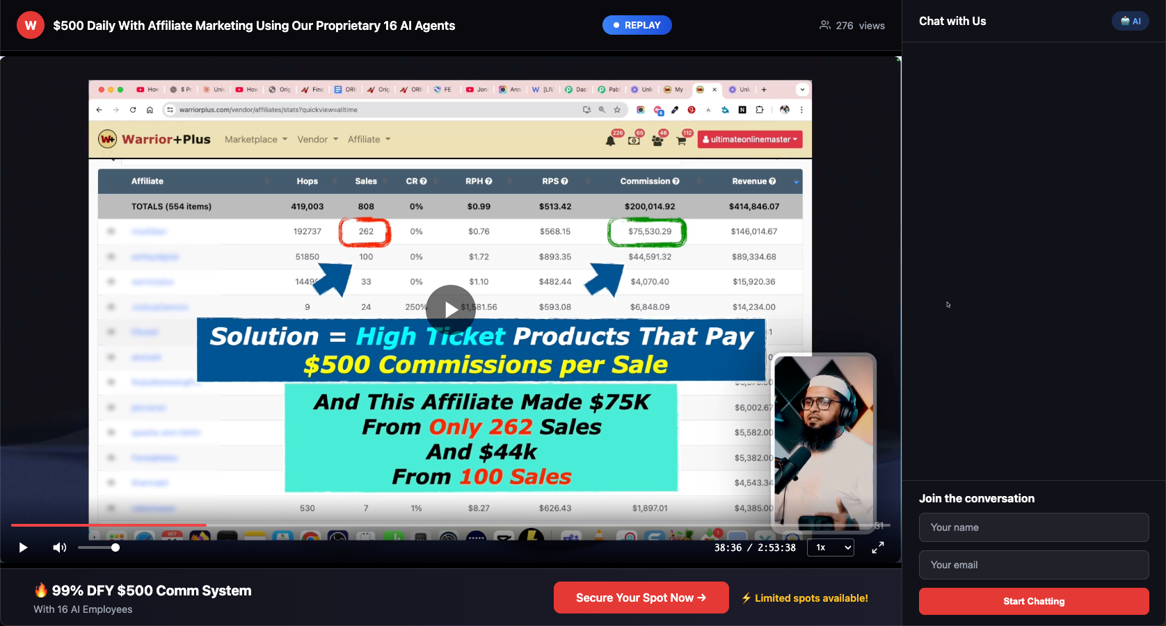 High Level Webinar dashboard running inside GoHighLevel with live webinar, chat, and registration metrics