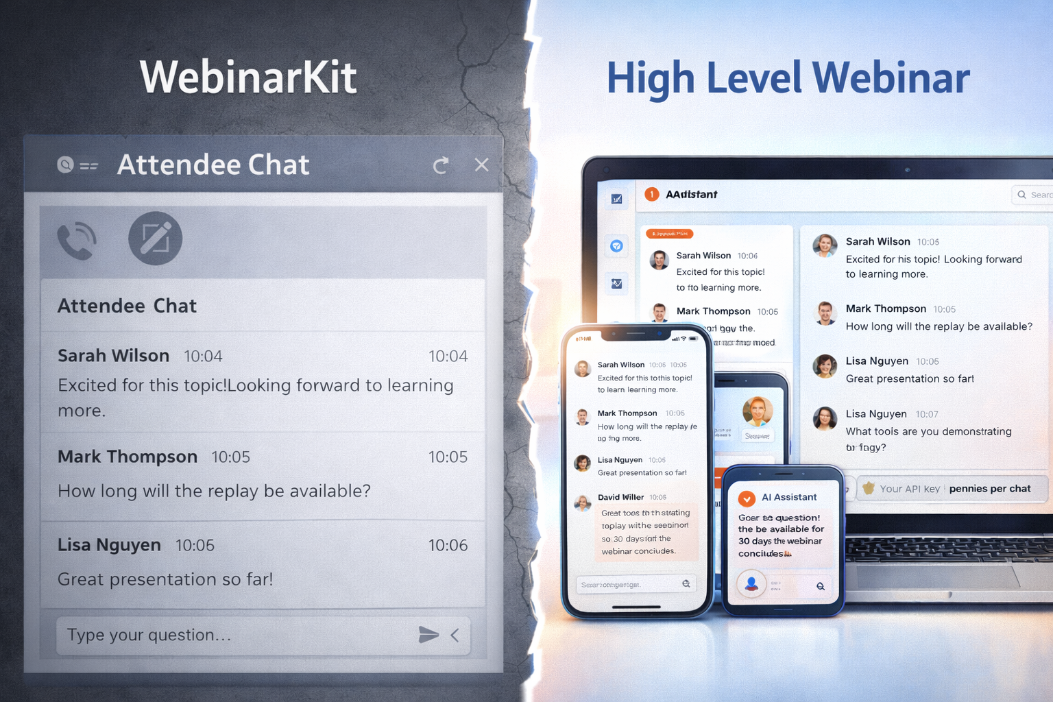 Side-by-side comparison of WebinarKit desktop-only chat vs High Level Webinar chat running on phone, tablet, and laptop with AI