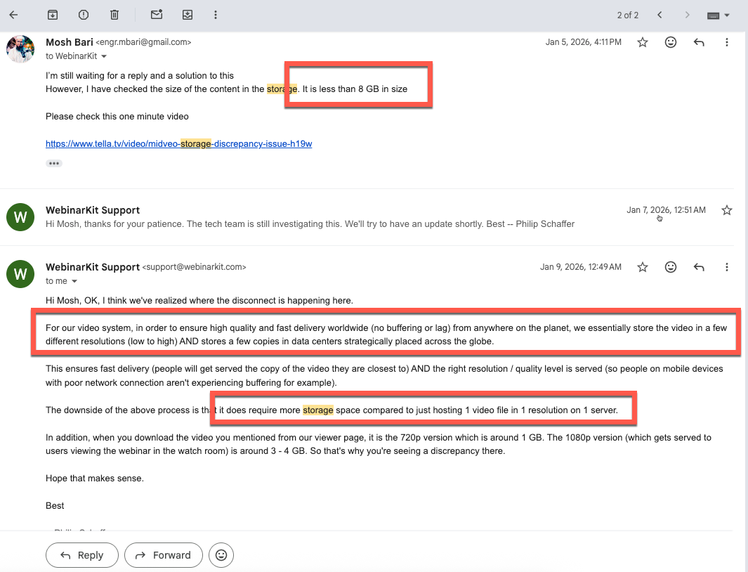 Actual WebinarKit support reply with a shifting, unverifiable explanation for the storage overage