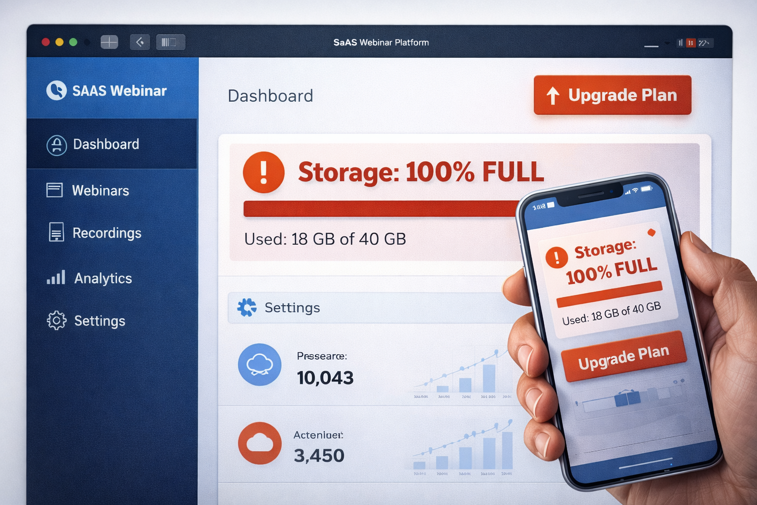 SaaS webinar platform showing Storage 100% FULL warning while only 18 GB of 40 GB is used
