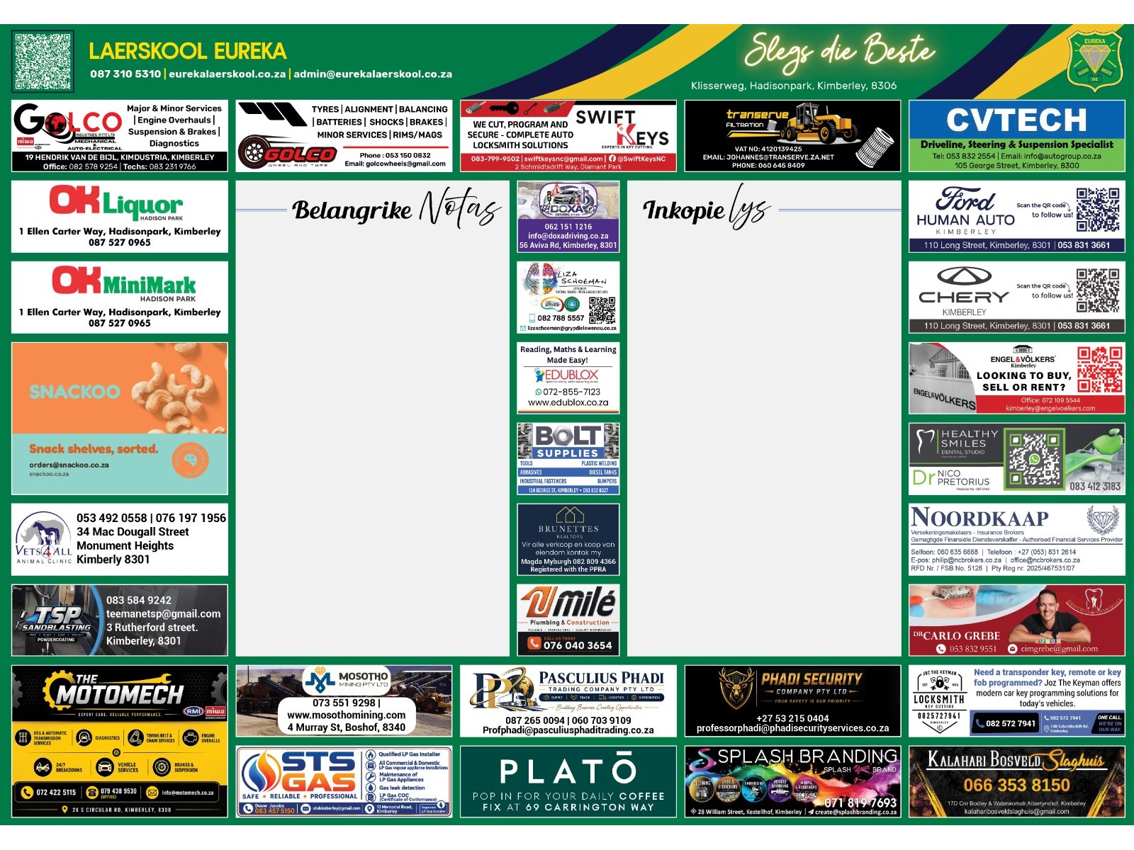 A school magnet showing the full layout, with advertiser spaces around the notes and shopping list panels