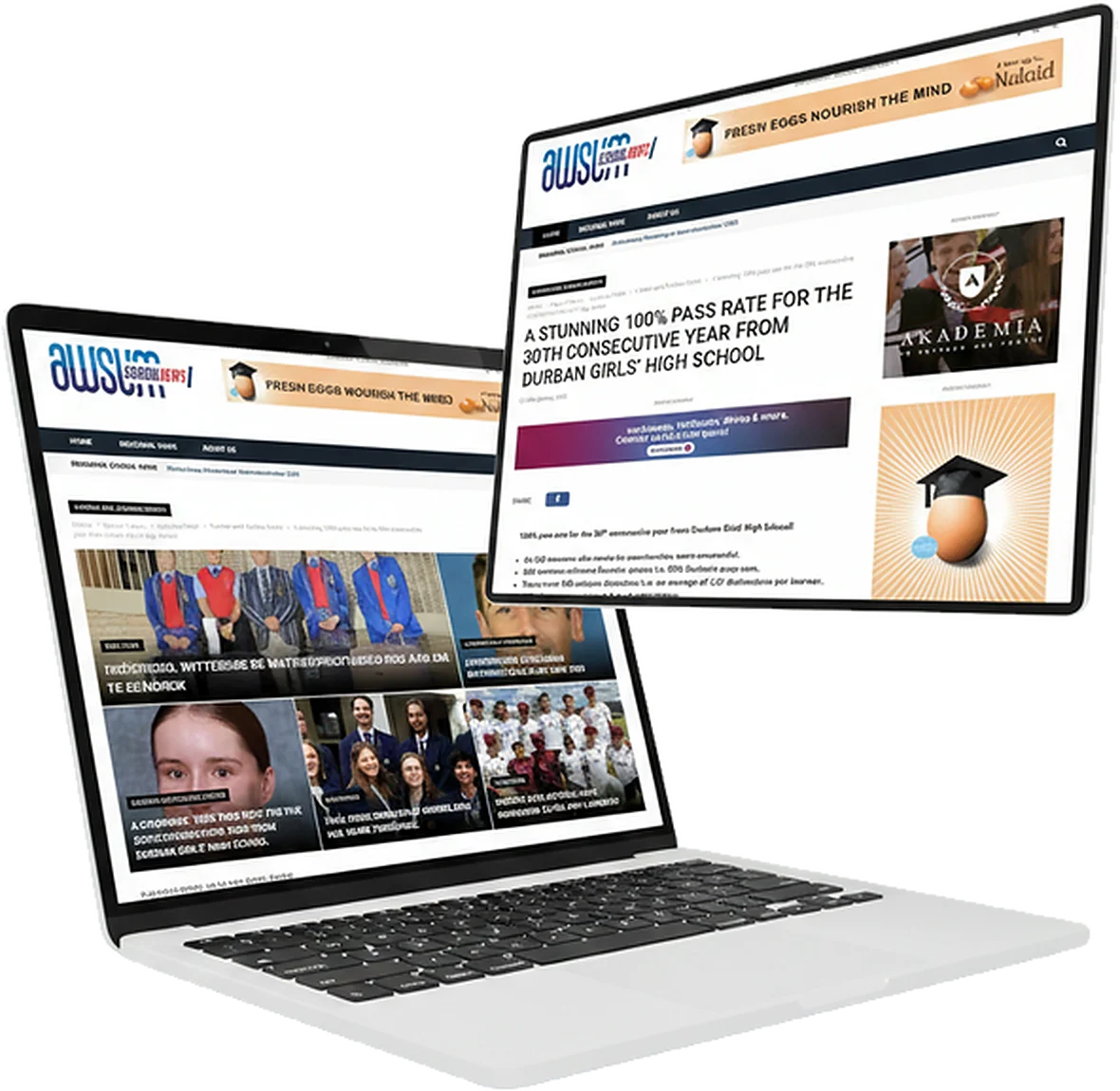 awsumnews.co.za on a laptop, showing a leaderboard banner above the masthead and rectangle adverts beside the article