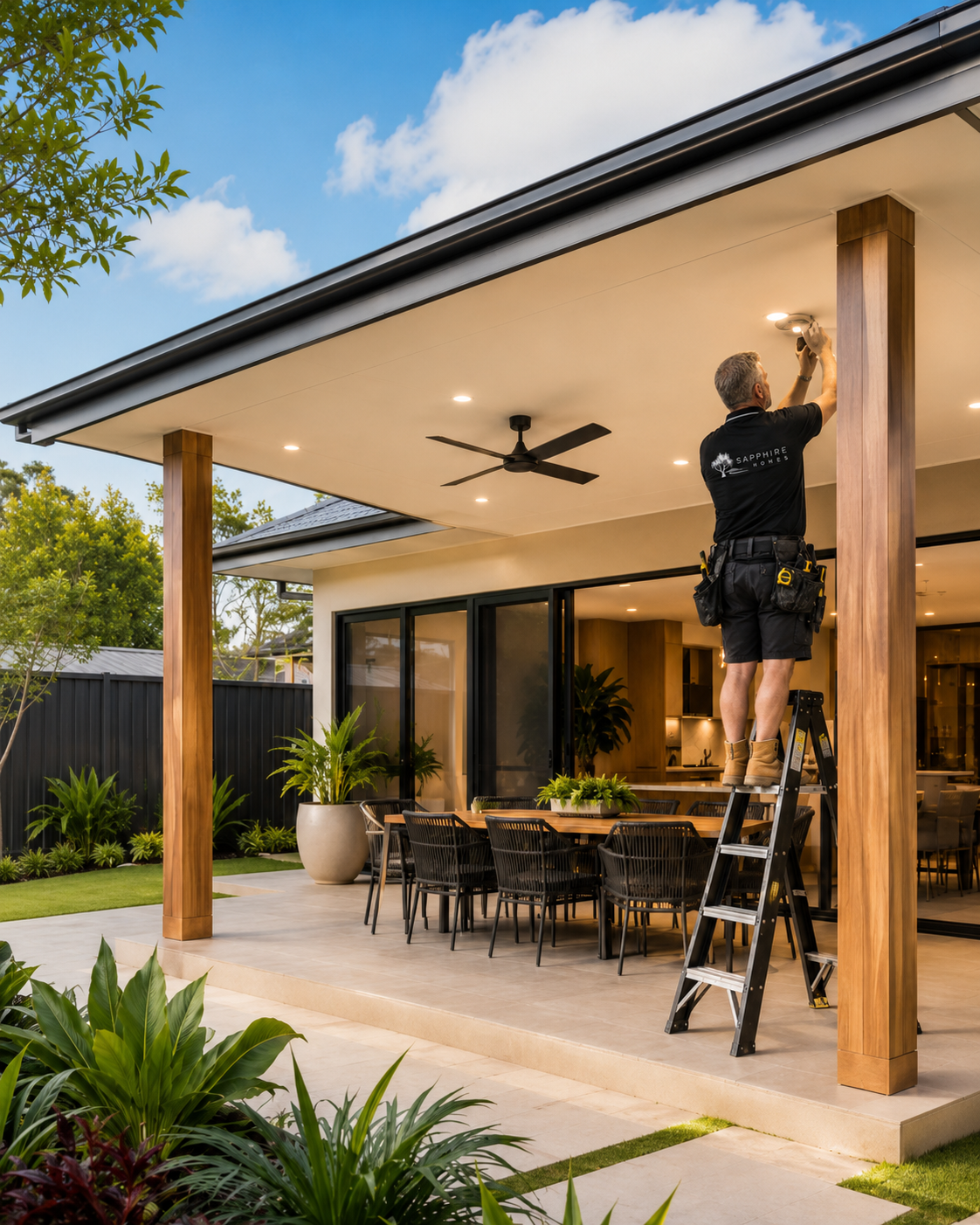 Licensed electrician fitting downlights under a Sapphire patio