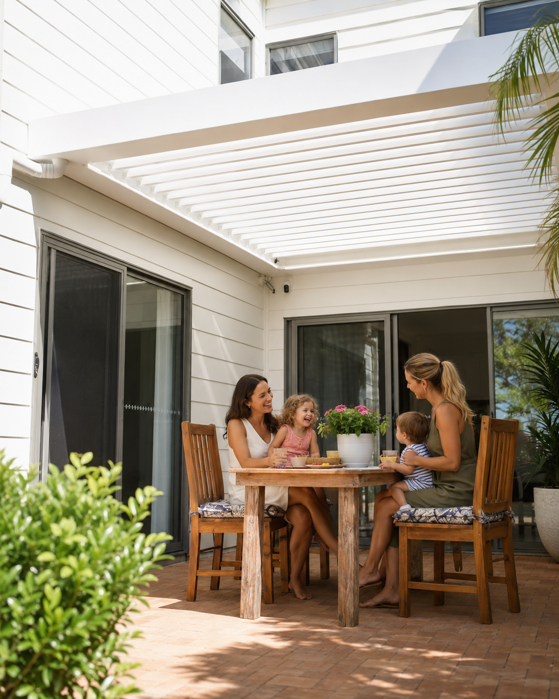 Family dining under a Sapphire patio